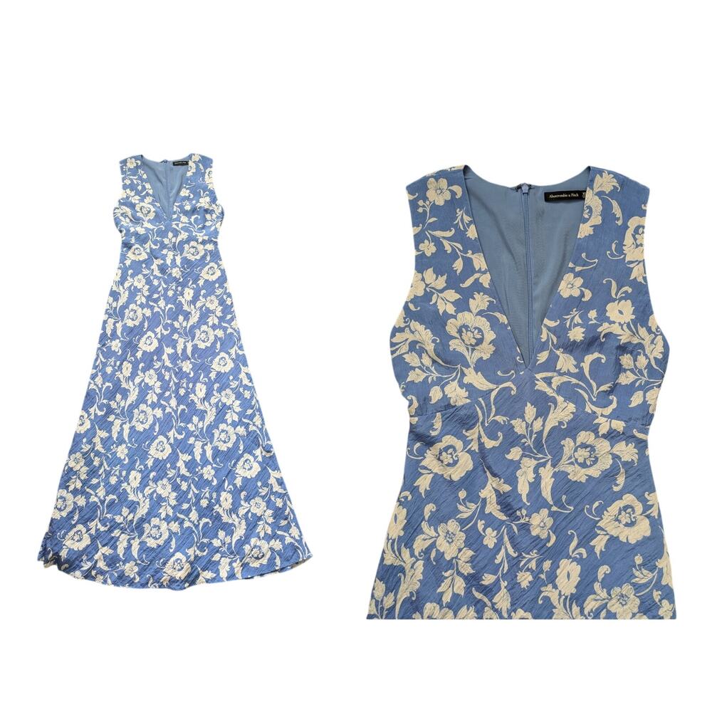 Abercrombie & Fitch Deep V-neck Maxi Dress Women XS Blue Floral Crinkle Romantic